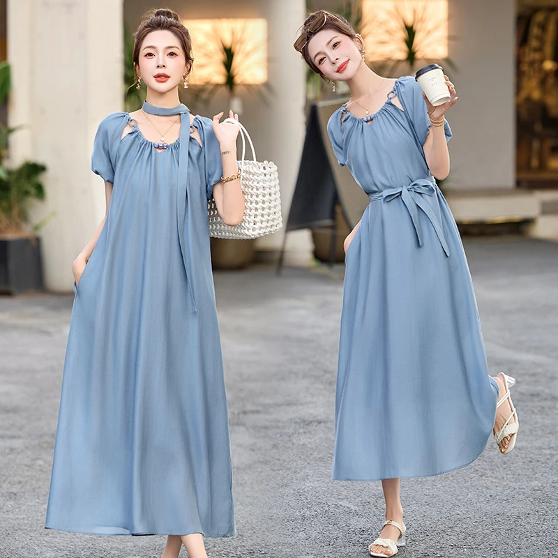 莫兰迪色连衣裙女装2025夏季大码时尚气质宽松遮肚收腰显瘦长裙子