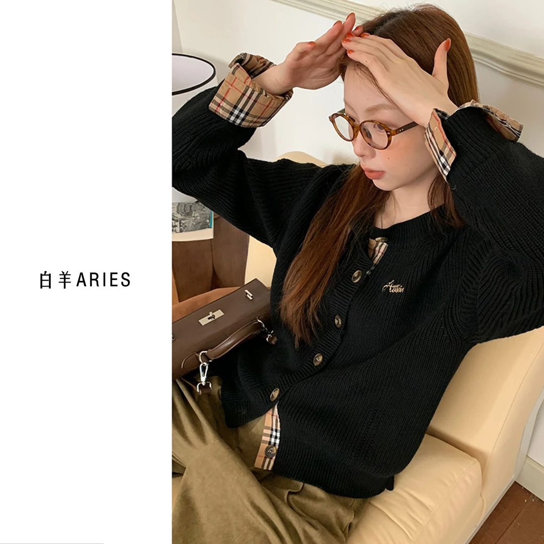 针织衫女2024新款黑色长袖上衣外套气质假两件毛衣开衫