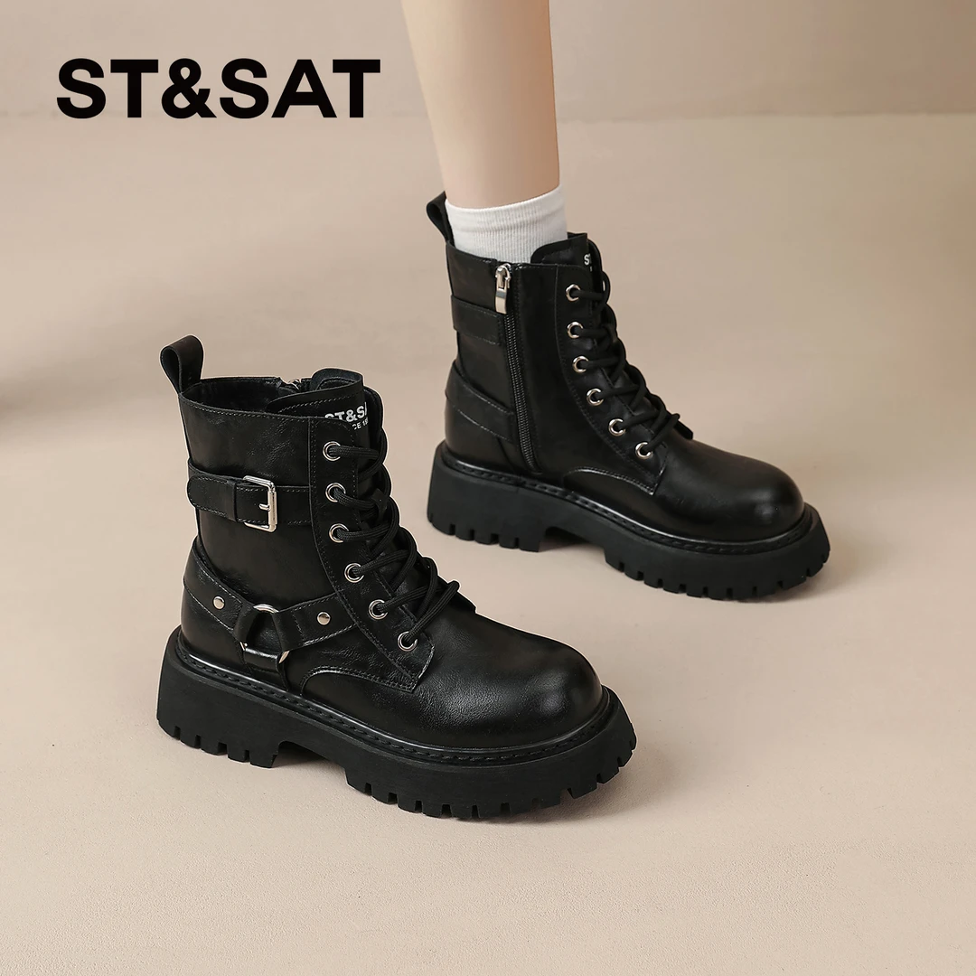 星期六纯色韩版女增高马丁靴女2025新款短款粗跟时尚百搭厚底短靴