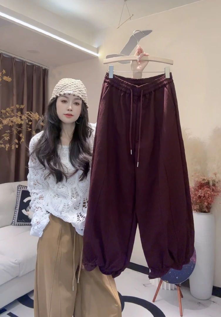 L.X~早秋韩系简约休闲松紧腰阔腿裤宽松显瘦减龄百搭九分裤女6803