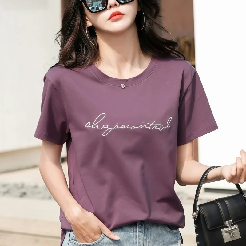 圆领纯棉短袖t恤女2025新款夏季高级感正肩显瘦刺绣宽松体恤上衣