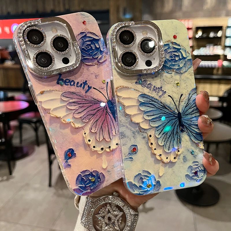适用苹果系列iPhone16新款手机壳时尚蓝白蝴蝶钻石镜框闪钻镜头膜