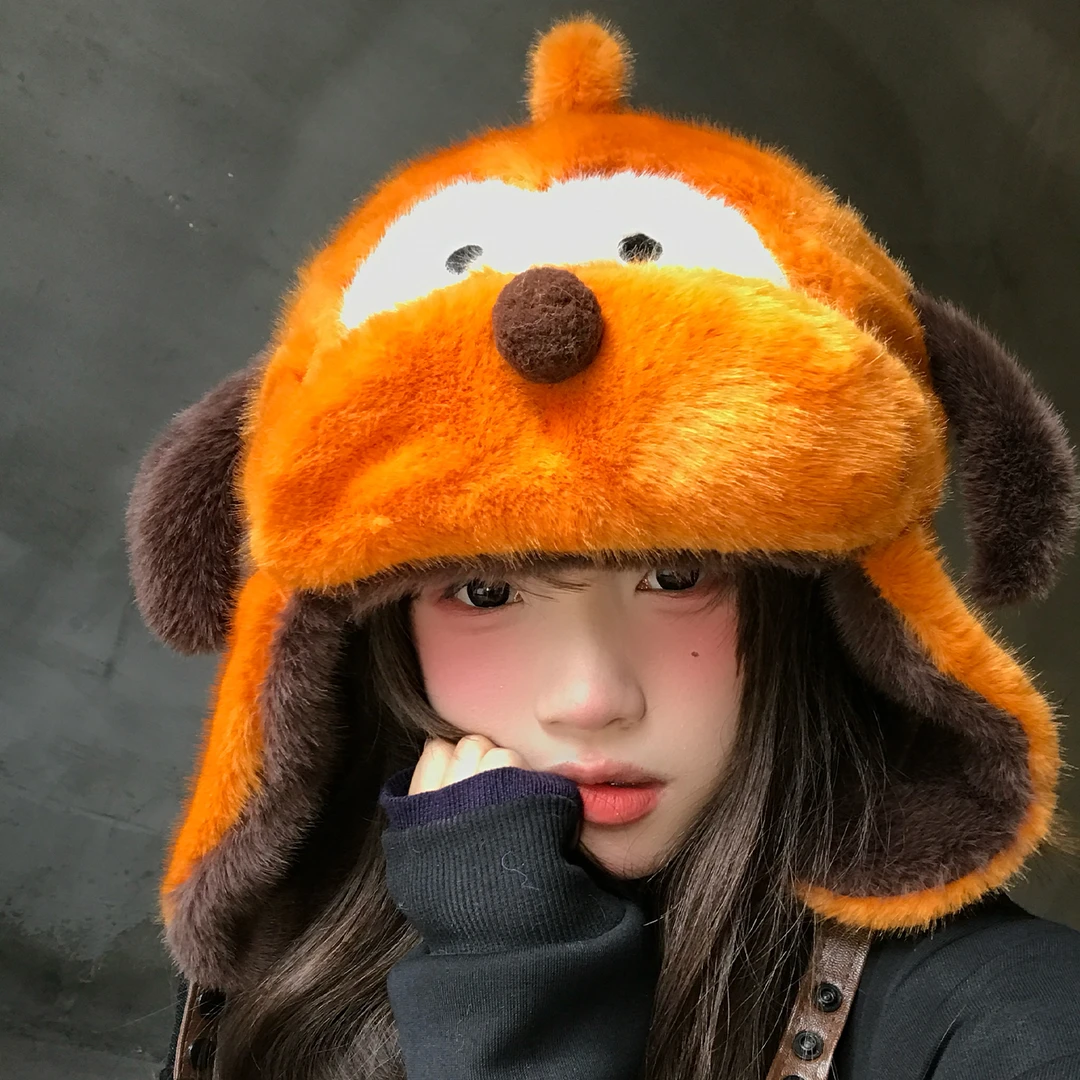 可爱卡通小狗护耳毛绒帽子女冬季加厚保暖毛茸茸雷锋帽百搭骑行帽