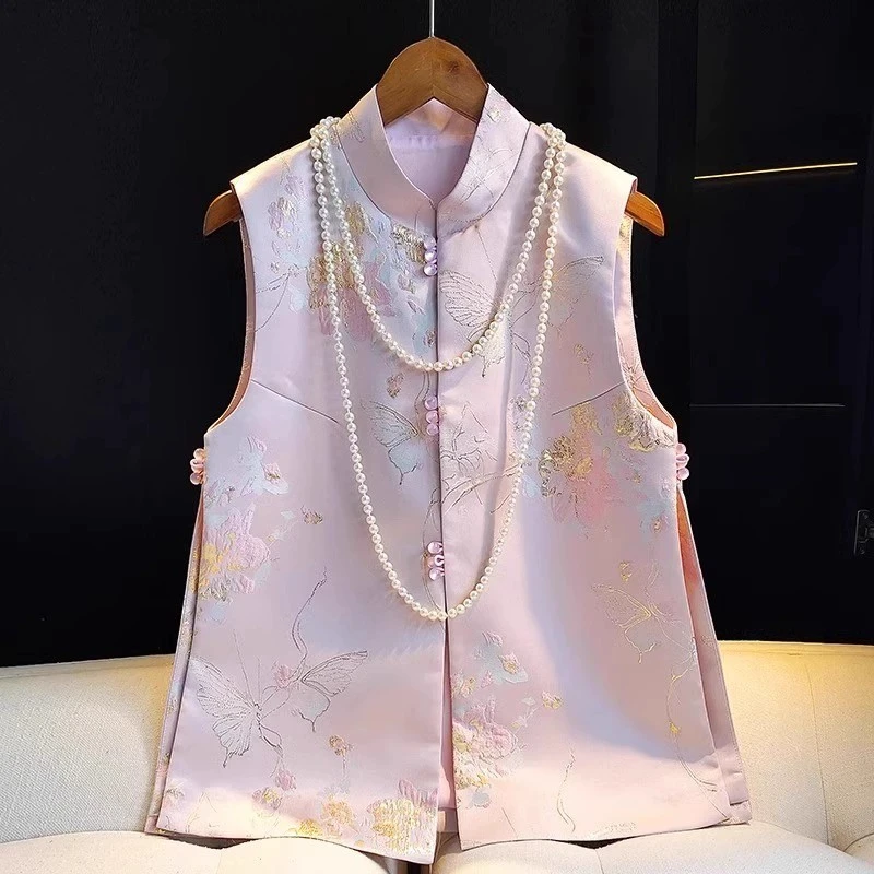 春季新中式国风提花马甲女时尚气质百搭网红气质复古盘扣马夹上衣