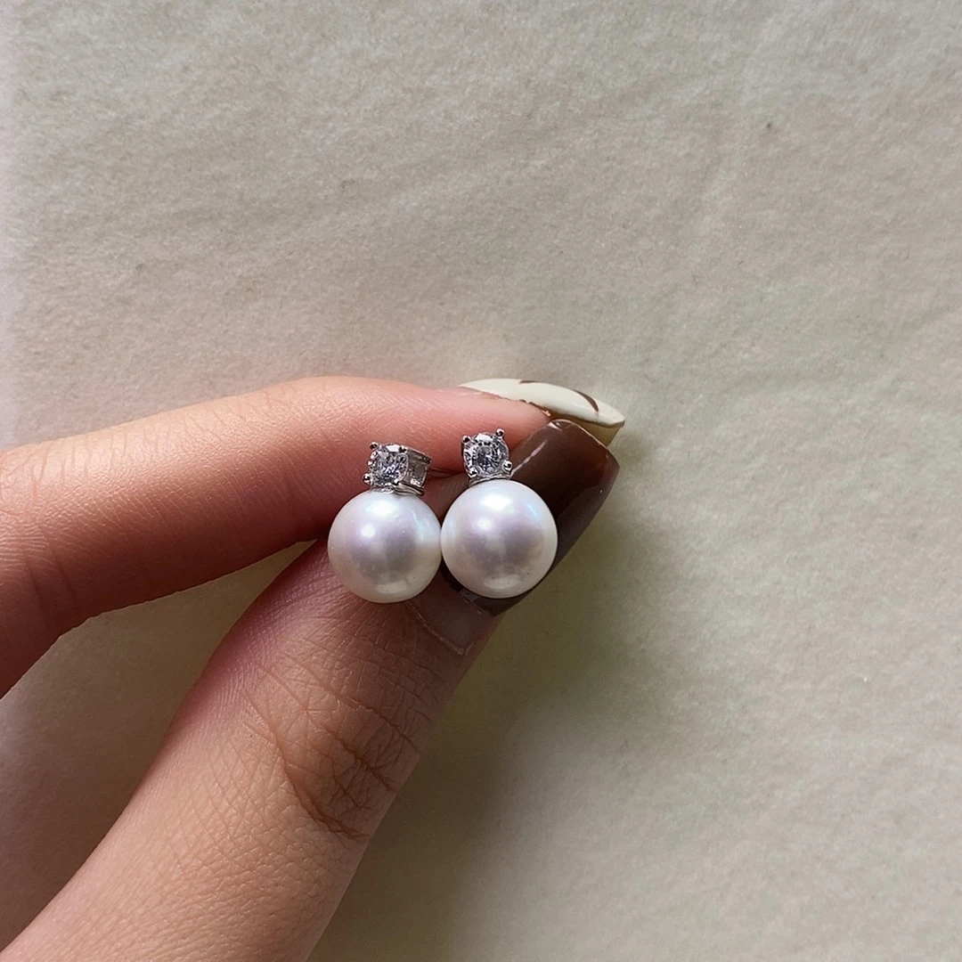 淡水珍珠银S925镶嵌耳钉9mm