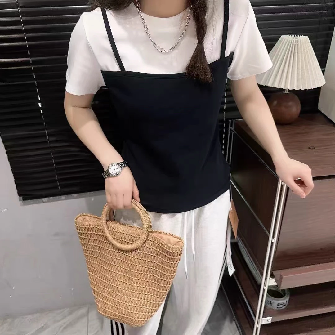 薇莎5821【现货】80-150斤拼接假二件圆领短袖T恤女