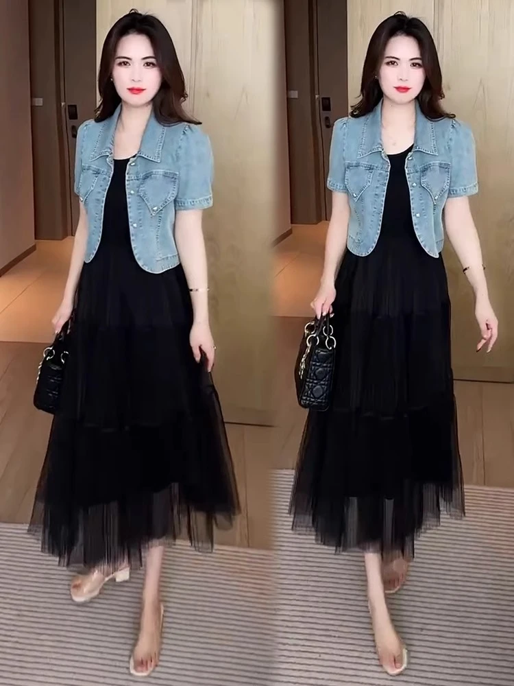 时尚套装裙女2025夏季新款时髦洋气牛仔短外套背心网纱裙两件套裙