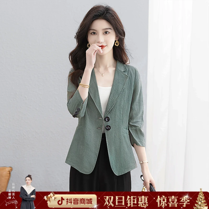 丝柏舍2025亚麻秋新款女时尚通勤西装翻领气质短款外套S51R0947A