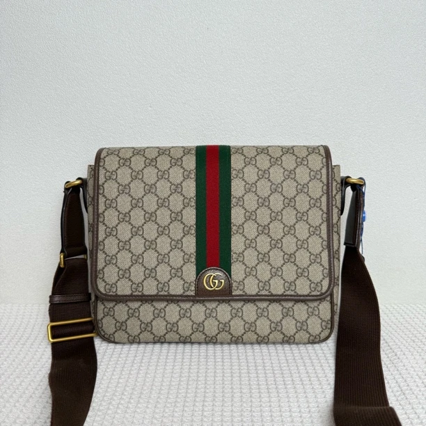 99新 GUCCI/古驰  98新/7093男士经典棕老花红绿织带邮差包