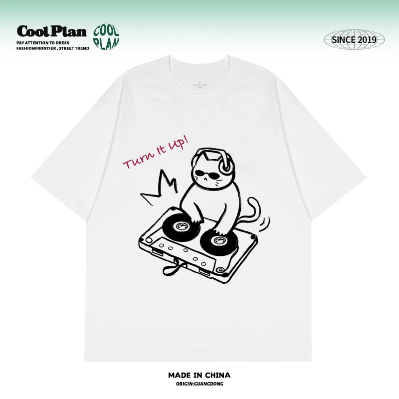 「摇滚打碟猫」美式创意手绘涂鸦小众无性别宽松短袖小众男女T恤