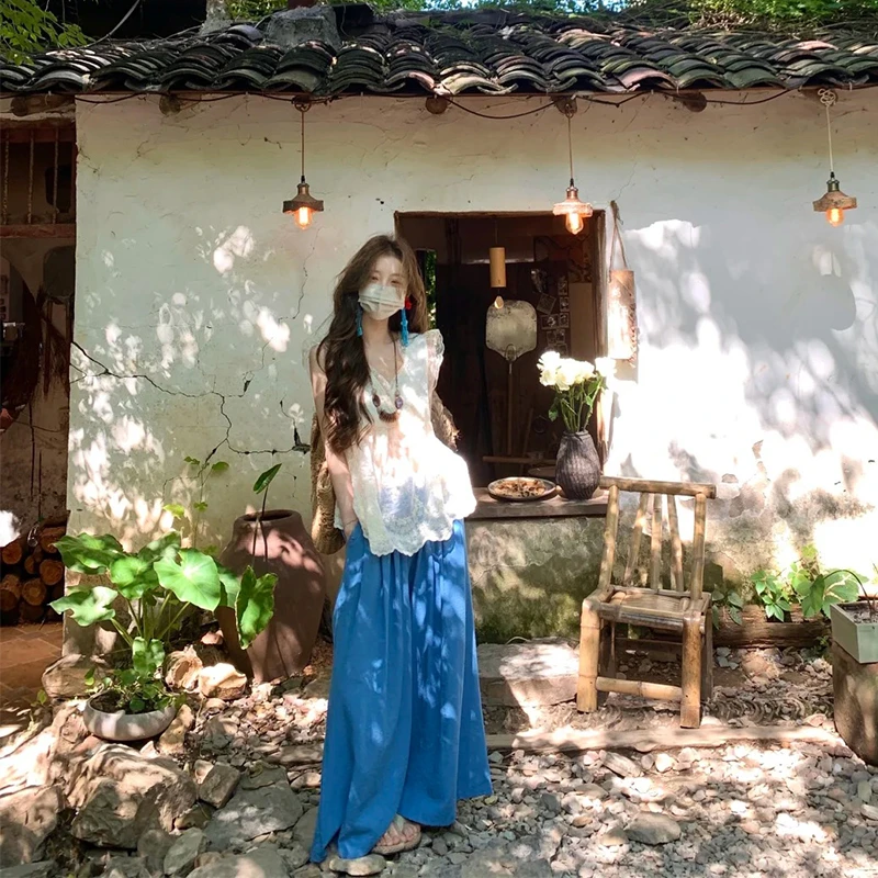 田园个性穿搭V领蕾丝边小飞袖微透显瘦百搭小众上衣阔腿休闲裤