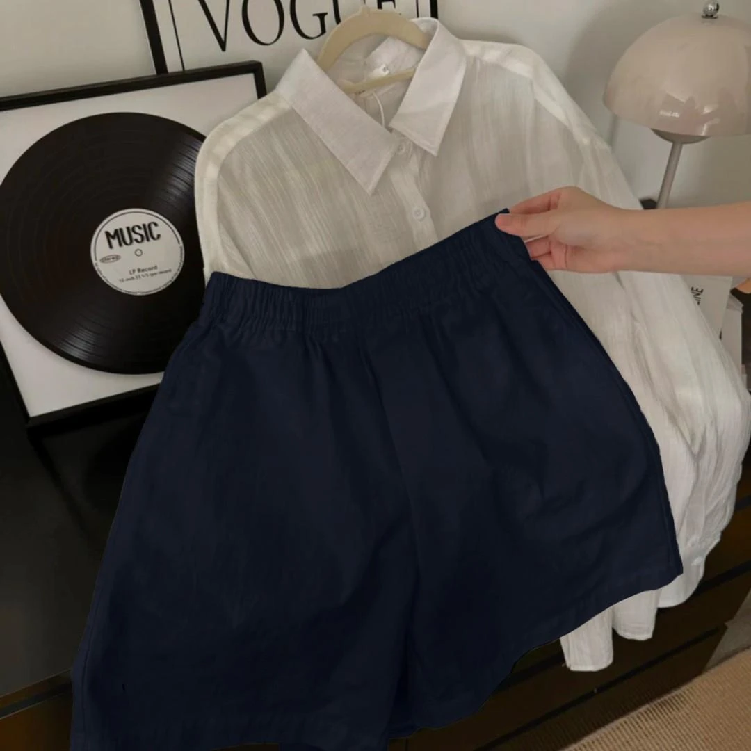 水洗100%纯棉-后期不缩水气质a字短裤夏季薄款宽松简约休闲阔腿裤