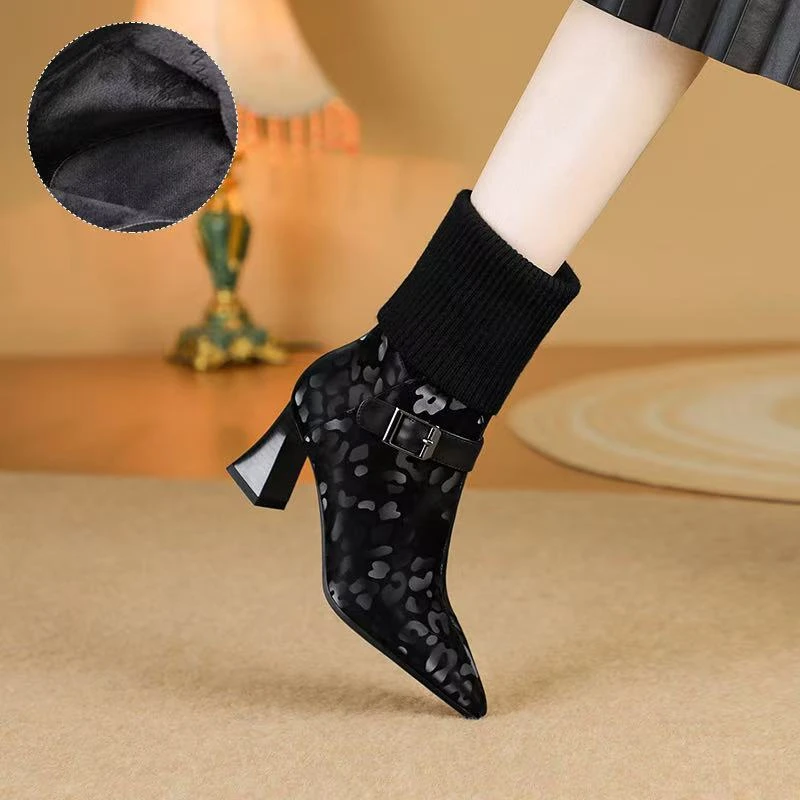 8959新款黑色豹纹牛皮33/41粗/高跟洋气保暖百搭针织时装瘦瘦靴