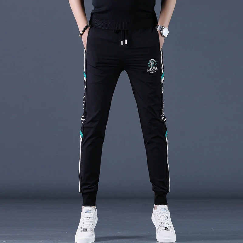 夏季新款刺绣休闲裤时尚百搭帅气小脚裤薄款透气修身弹力运动裤子