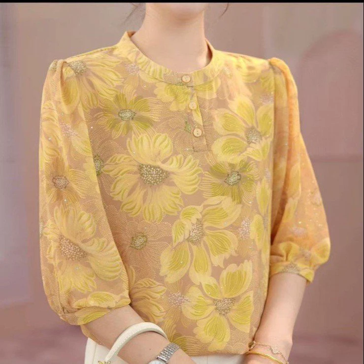 2025夏季新款时尚气质清新减龄圆领七分袖小衫薄款显瘦百搭上衣女