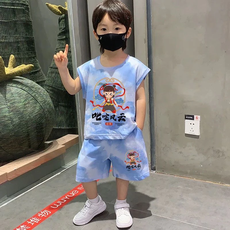 哪吒可爱卡通夏季新款男童中大童儿童无袖背心套装纯棉圆领宽松