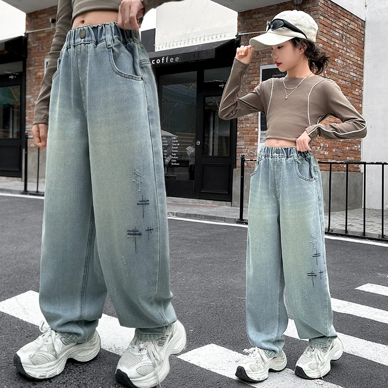 女童牛仔裤春秋外穿2025新款儿童哈伦老爹裤大童初中生洋气阔腿裤