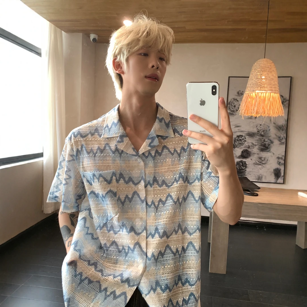 AP MMDD雅痞风韩版度假风镂空肌理感夏威夷花衬衫短袖衬衣男ins潮