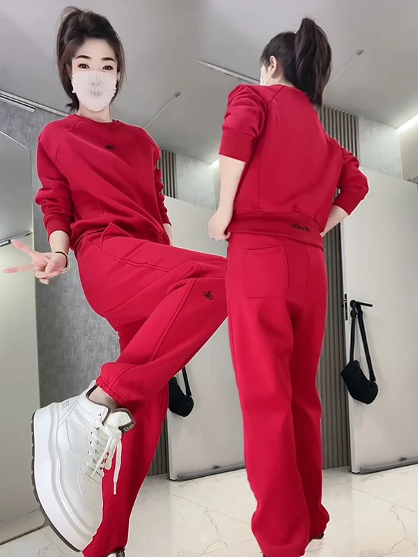 冬季跳舞广场舞套装原创正品时尚气质显瘦红色圆领刺绣卫衣套装