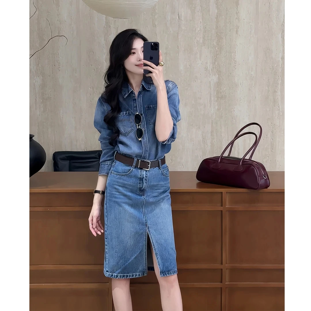 韩版气质蓝色牛仔套装女款2025秋新款大方得体通勤穿搭衬衣半身裙