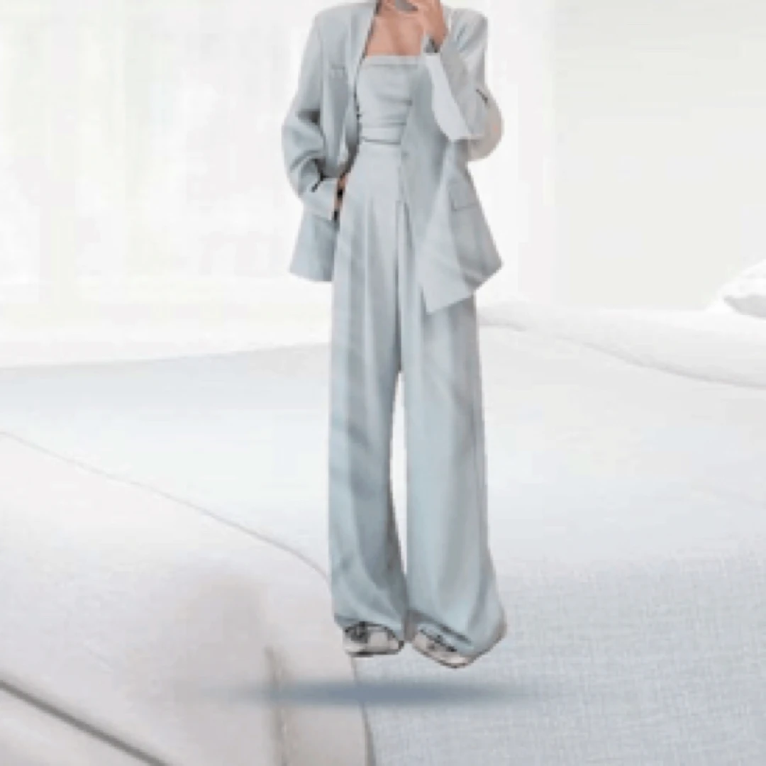 名媛风爆款春夏新款宽松纯色西服抹胸打底衫+裤子三件套装