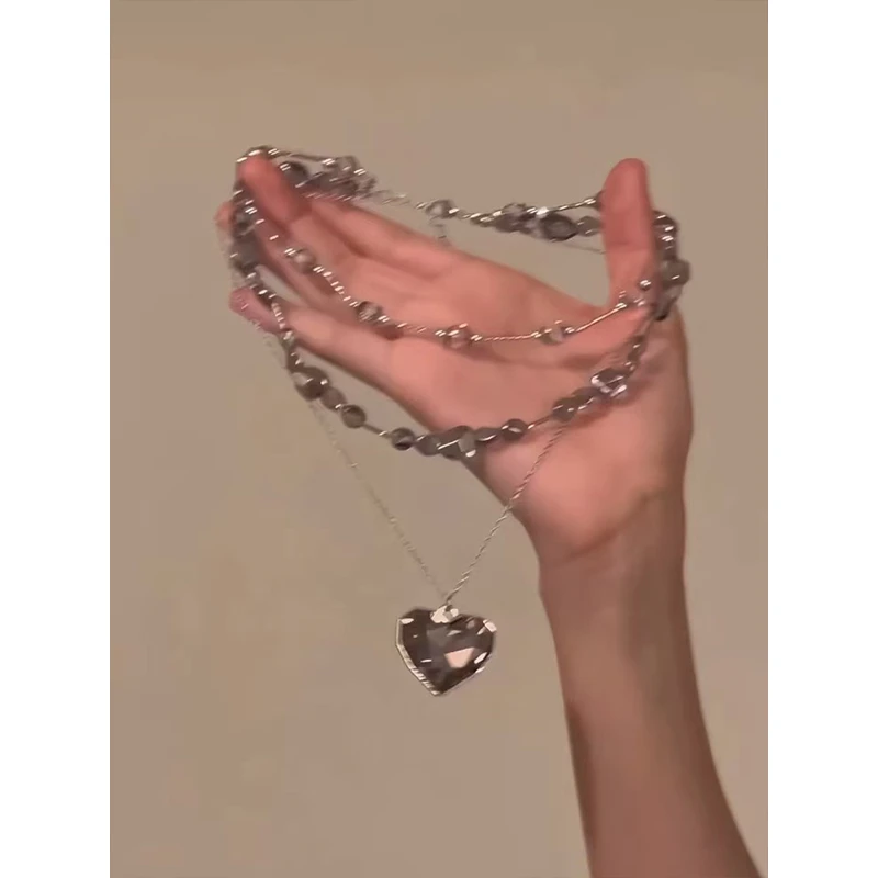 铜合金合成锆石项链 多层叠戴甜美爱心水晶项链小众锁骨链颈链