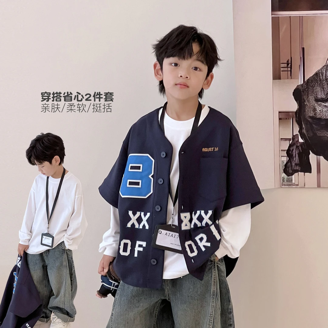 男童长袖T叠穿衬衫两件套儿童宽松中大童休闲套装509257O5