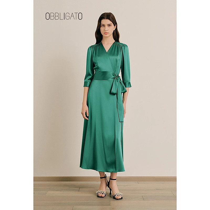 OBBLIGATO奥丽嘉朵1C65205510专选2025夏季新品光泽感绑带连衣裙