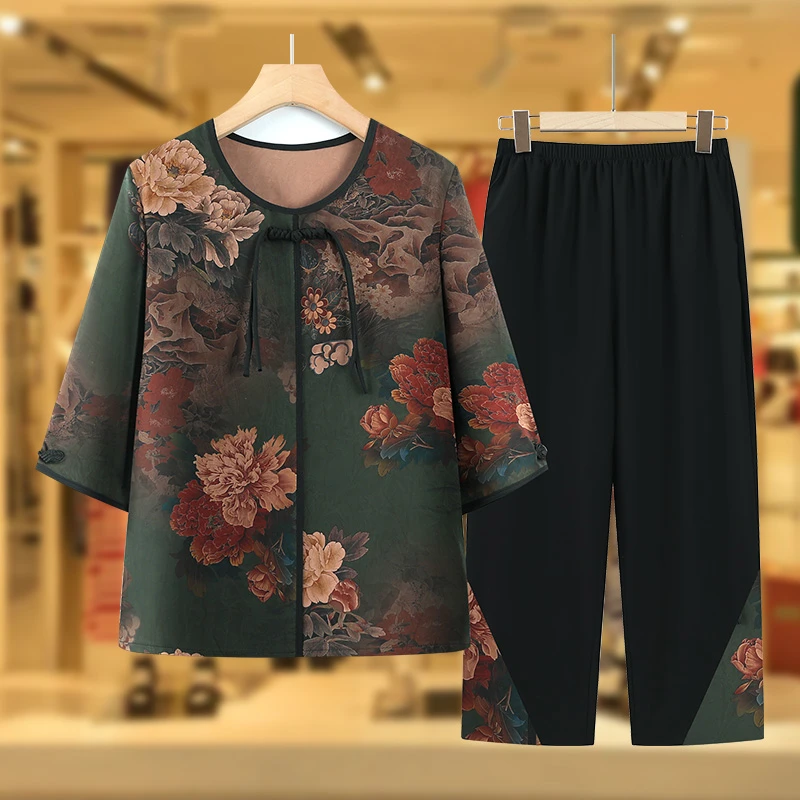 妈妈夏装中袖衬衫中老年人衬衣中式奶奶夏季套装老太太两件套衣服