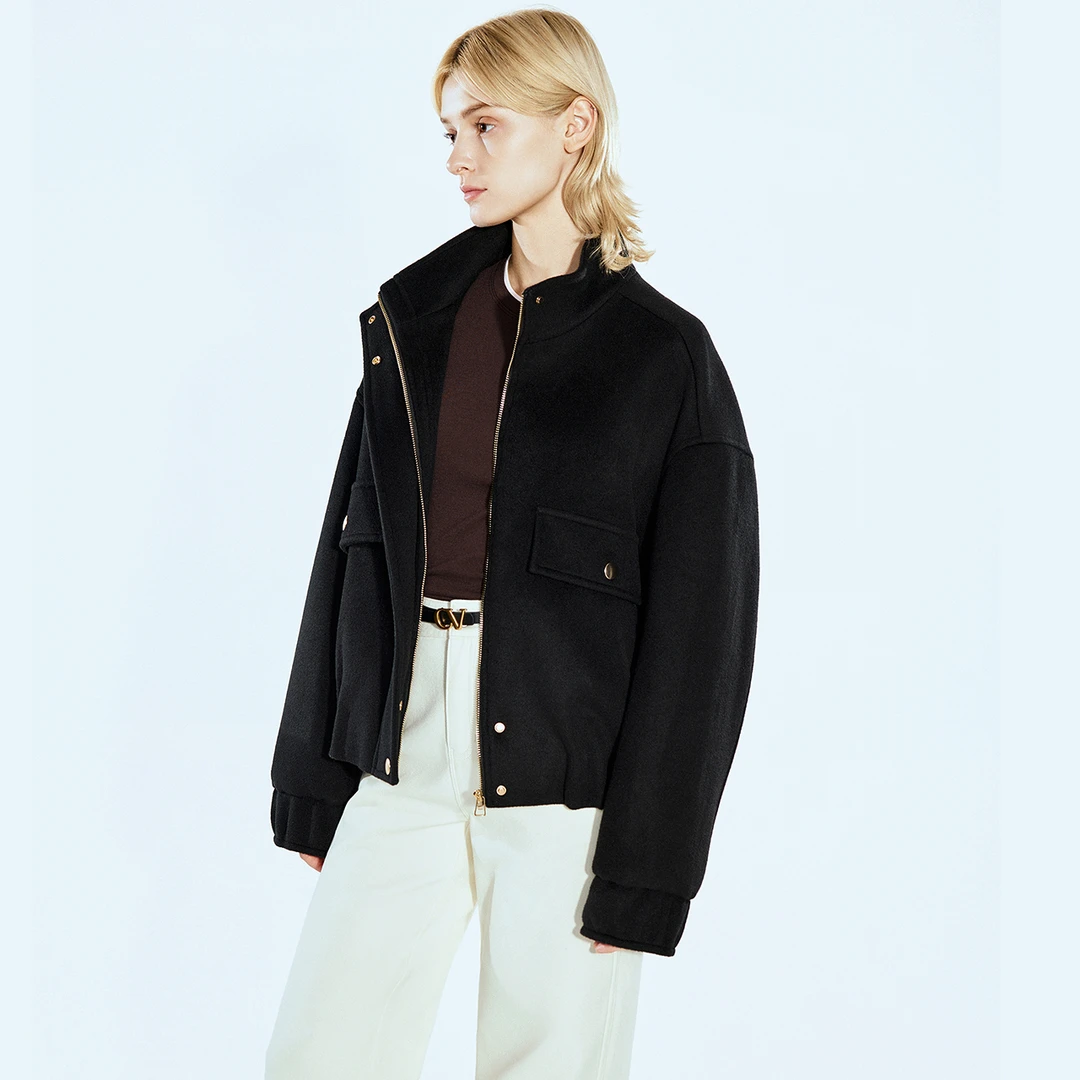 COVERINS2025春季休闲羊毛呢短款翻领小香风夹克外套CC35110260