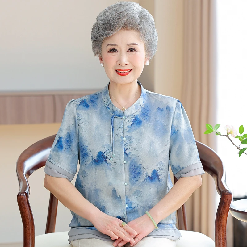洋气妈妈夏装短袖雪纺衬衫中老年人奶奶装新中式国风气质时尚衬衣