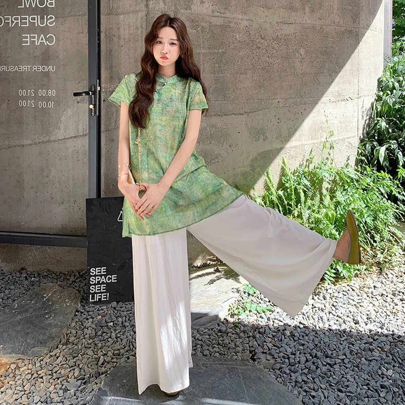 新中式国风套装女夏季2025新款盘扣斜襟旗袍上衣休闲阔腿裤两件套