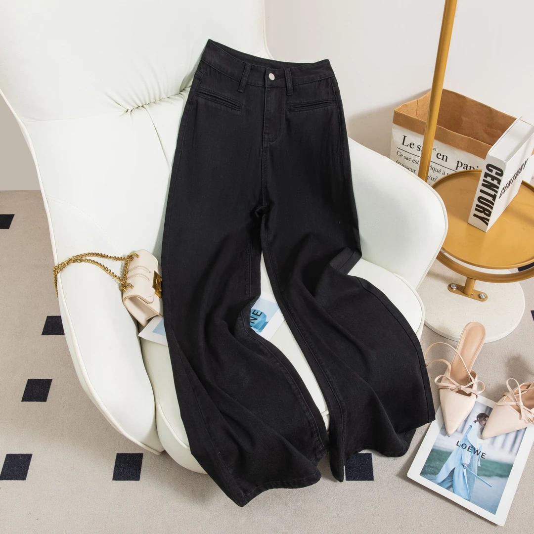 9545黑色莱赛尔天丝牛仔裤女夏季高腰显瘦凉感垂感松紧腰直筒裤