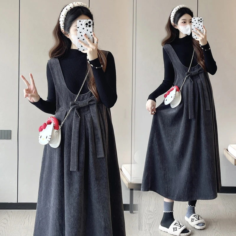 【顾清颜】秋冬季新款孕妇装打底衫甜美蝴蝶结中长款孕妇大码背带裙