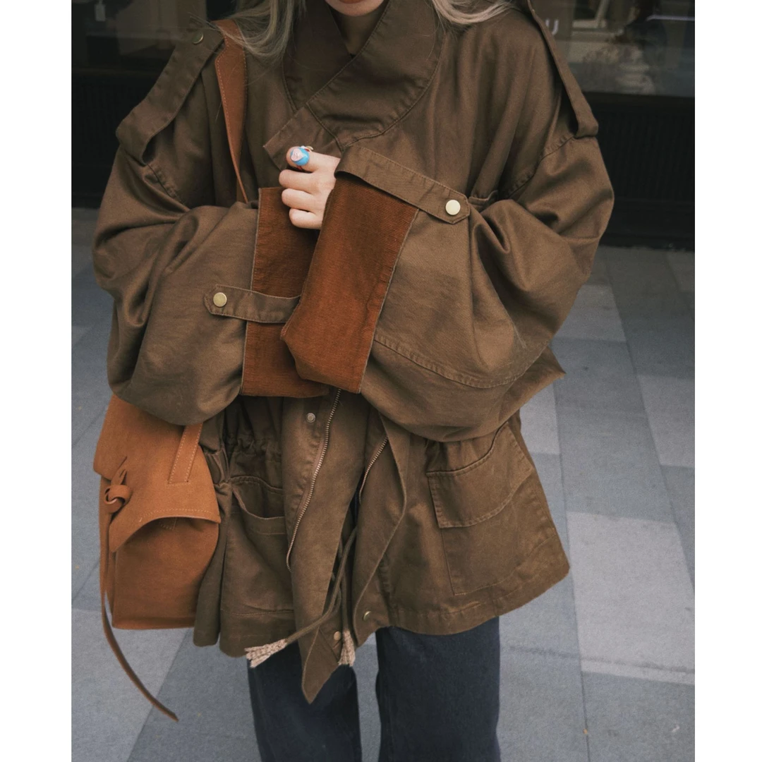 HELLOTANGO《时光咖啡馆》秋冬复古巴恩风口袋廓形休闲外套85970#