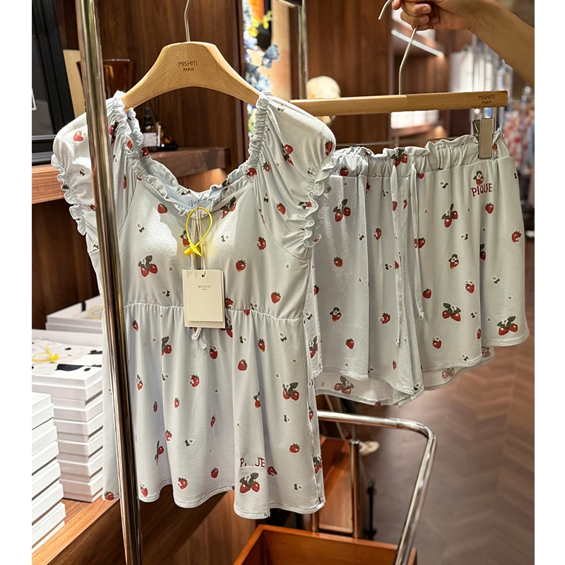 米诗缇【g家带胸垫草莓蓝色短袖短裤】 小众设计师可外穿短款家居服