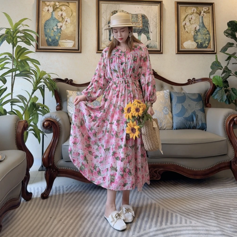 【玫瑰故事】玫瑰花抽绳收腰度假风时尚宽松显瘦V领气质连衣裙