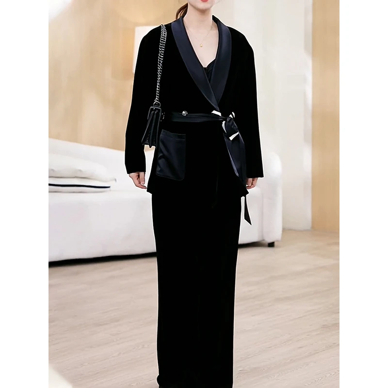 高级感优雅端庄丝绒裤套装2025秋季新款轻熟风绑带纯色外套+裤子