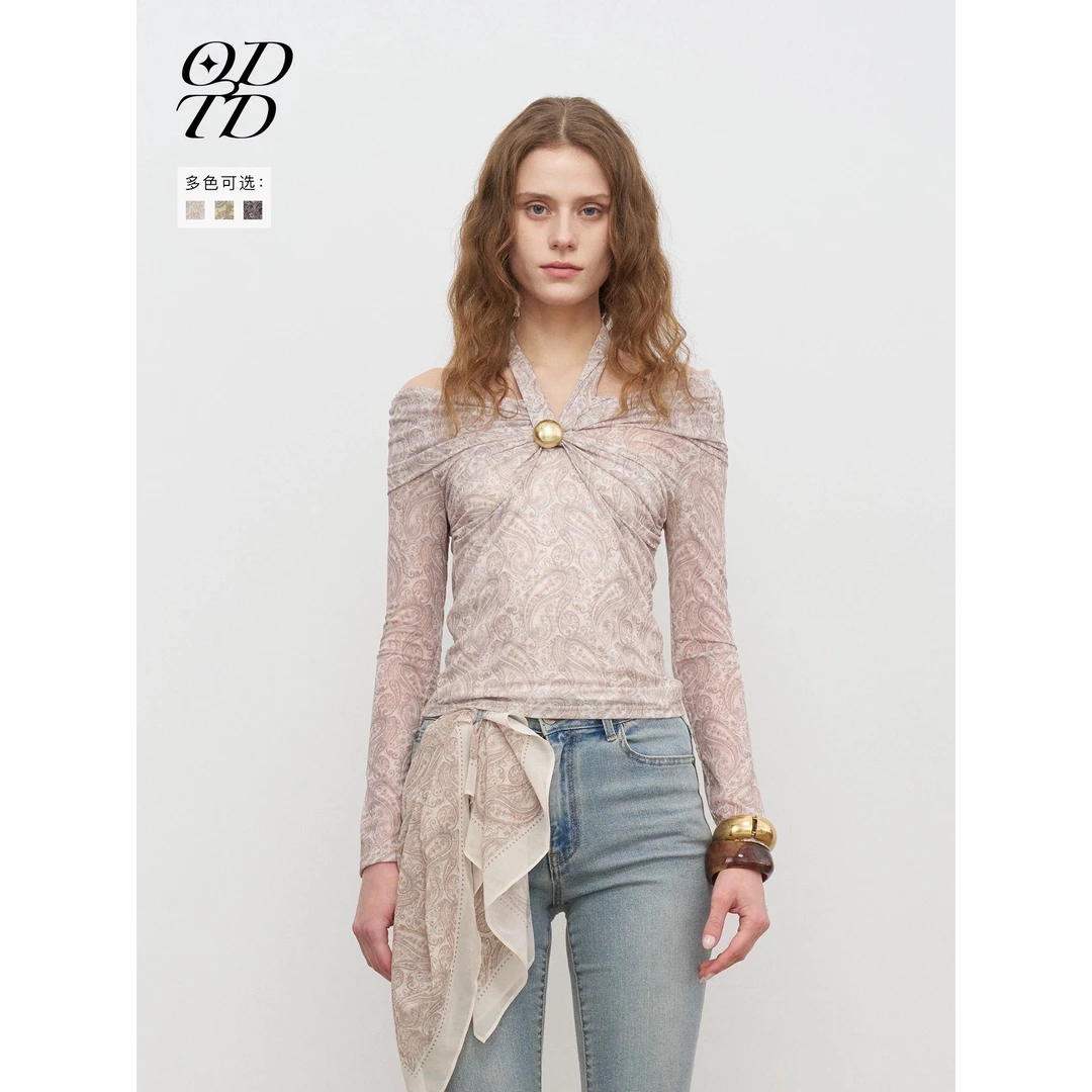 UCUT简刀 ODTD 秋季25新款腰果花弹力挂脖一字肩 （含胸针）3294