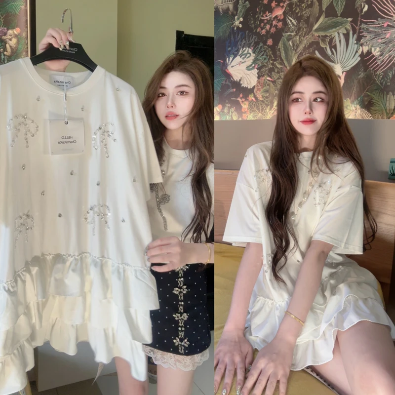 【时光交叠】62449珠片蝴蝶结木耳边裙摆连衣裙