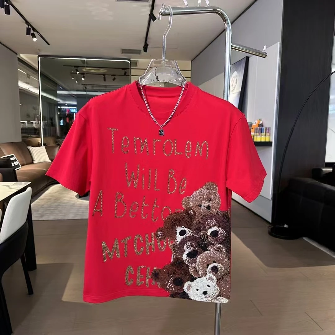 小熊本命年彩钻新年红设计感短袖时尚背后百搭休闲T恤简约