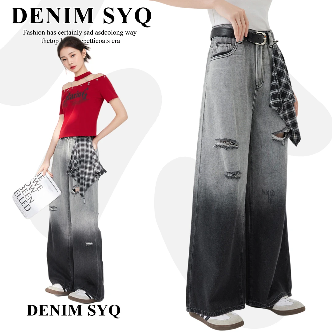 美式破洞牛仔裤女2025夏季新款美式潮酷个性辣妹气质百搭阔腿裤