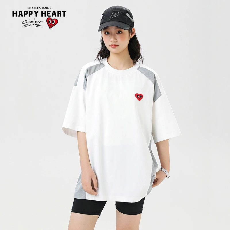 查尔斯桃心短袖速干撞色圆领夏季情侣T恤冰感宽松时尚休闲半袖