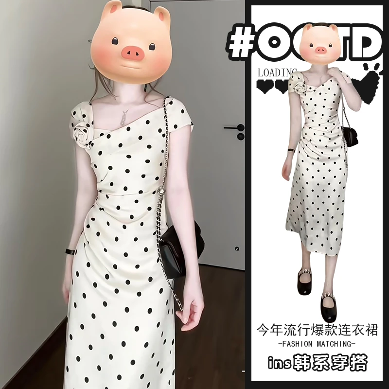 今年流行法式立体花朵收腰连衣裙春夏新款赫本风气质长裙子仙女裙