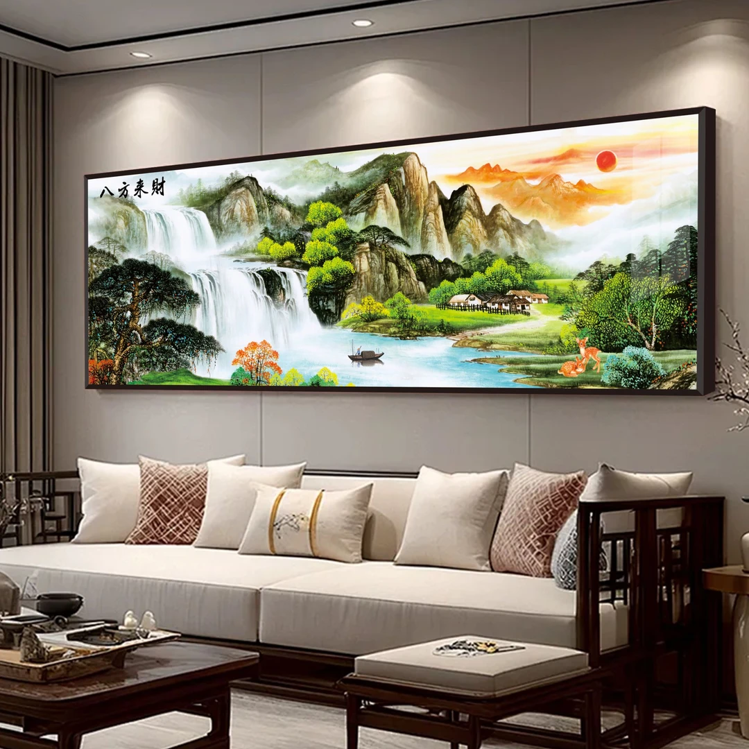 JHC14八方来财聚宝盆山水画客厅沙发高档挂画黑色金属边框111M