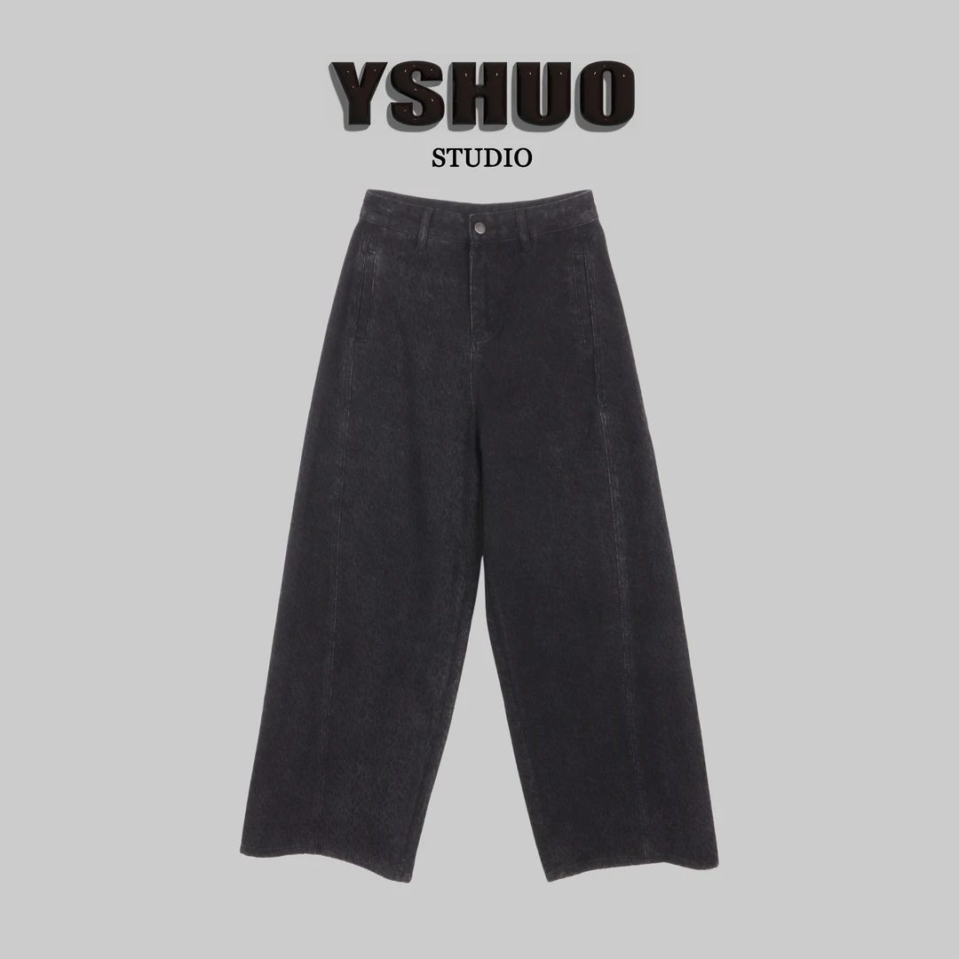 YSHUO【豹纹杂刊】复古感豹纹牛仔高腰垂感直筒休闲裤时髦长裤N2601
