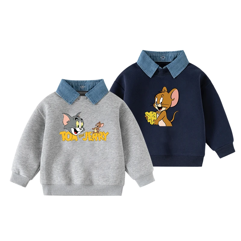 猫和老鼠儿童春秋打底衫男女童翻领长袖上衣中小童休闲牛仔领卫衣