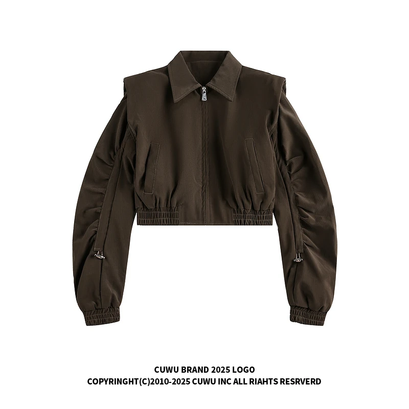 cuwu美拉德咖色褶皱棒球服夹克女男秋季甜酷辣妹宽松显瘦短款外套