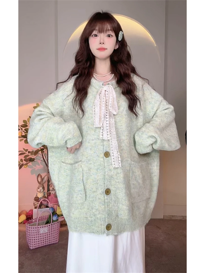 韩系宽松蕾丝系带蝴蝶结针织开衫外套女秋冬大码胖MM显瘦减龄上衣