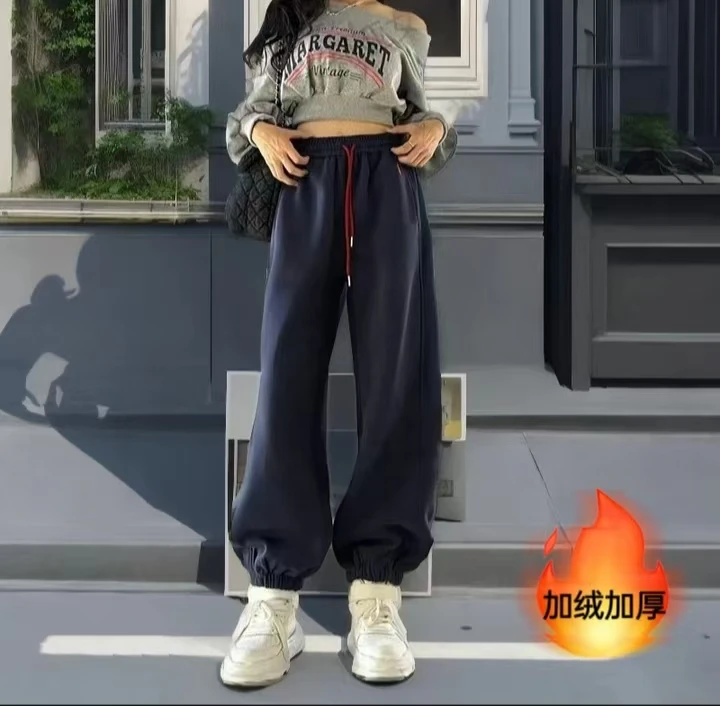冬季加绒加厚韩版高腰显瘦刺绣休闲裤百搭运动裤女宽松束脚卫裤子